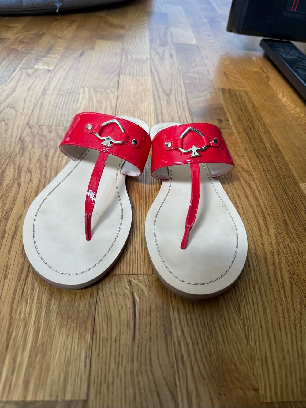 kate spade Red Patent Leather Thong Sandals with Spade Accent
